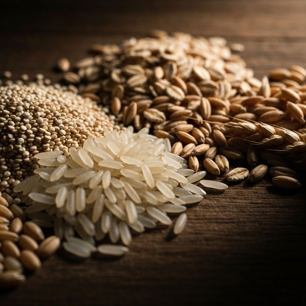 Whole grains including quinoa, rice and oats on a rustic surface