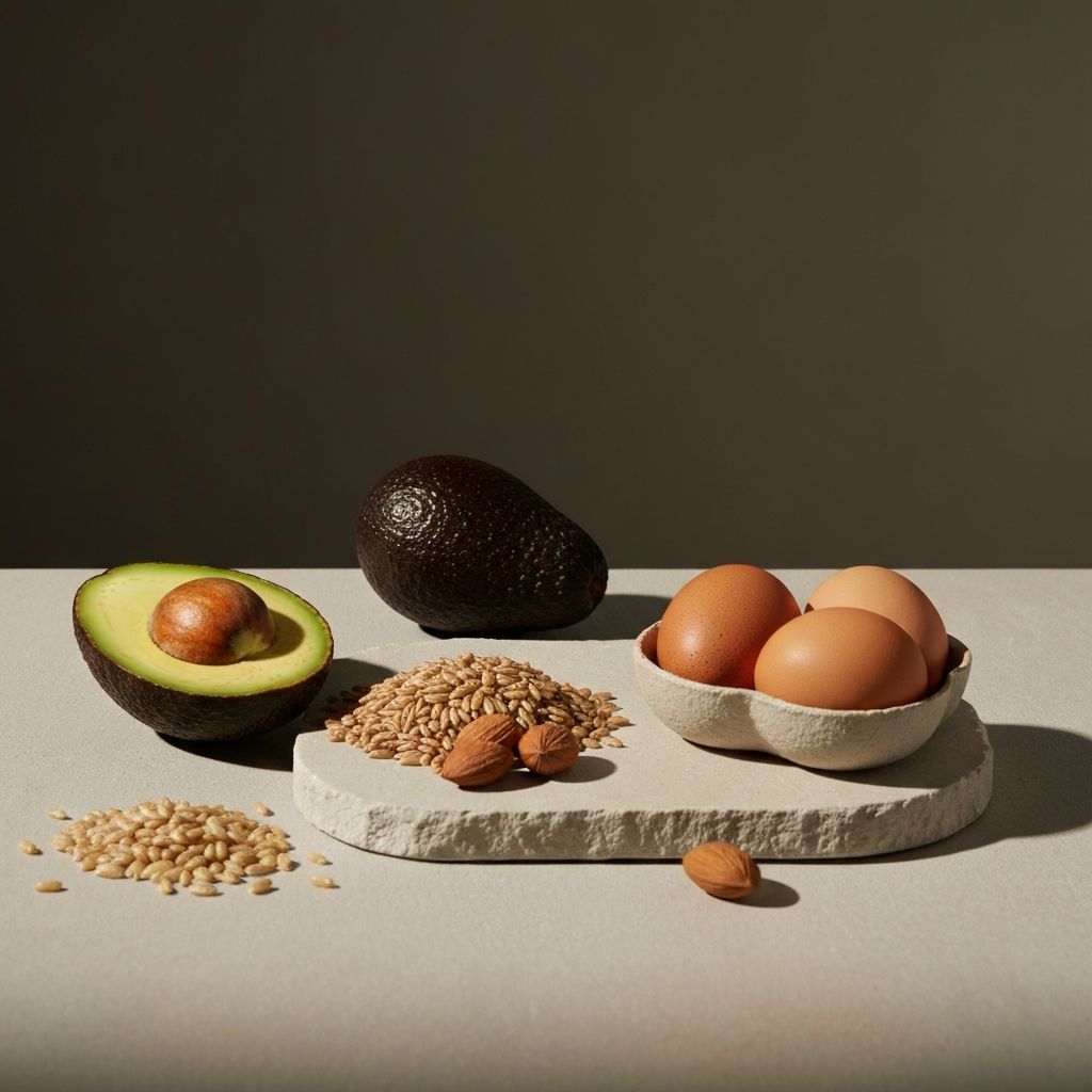 Whole grains and nuts representing carbohydrate and fat sources